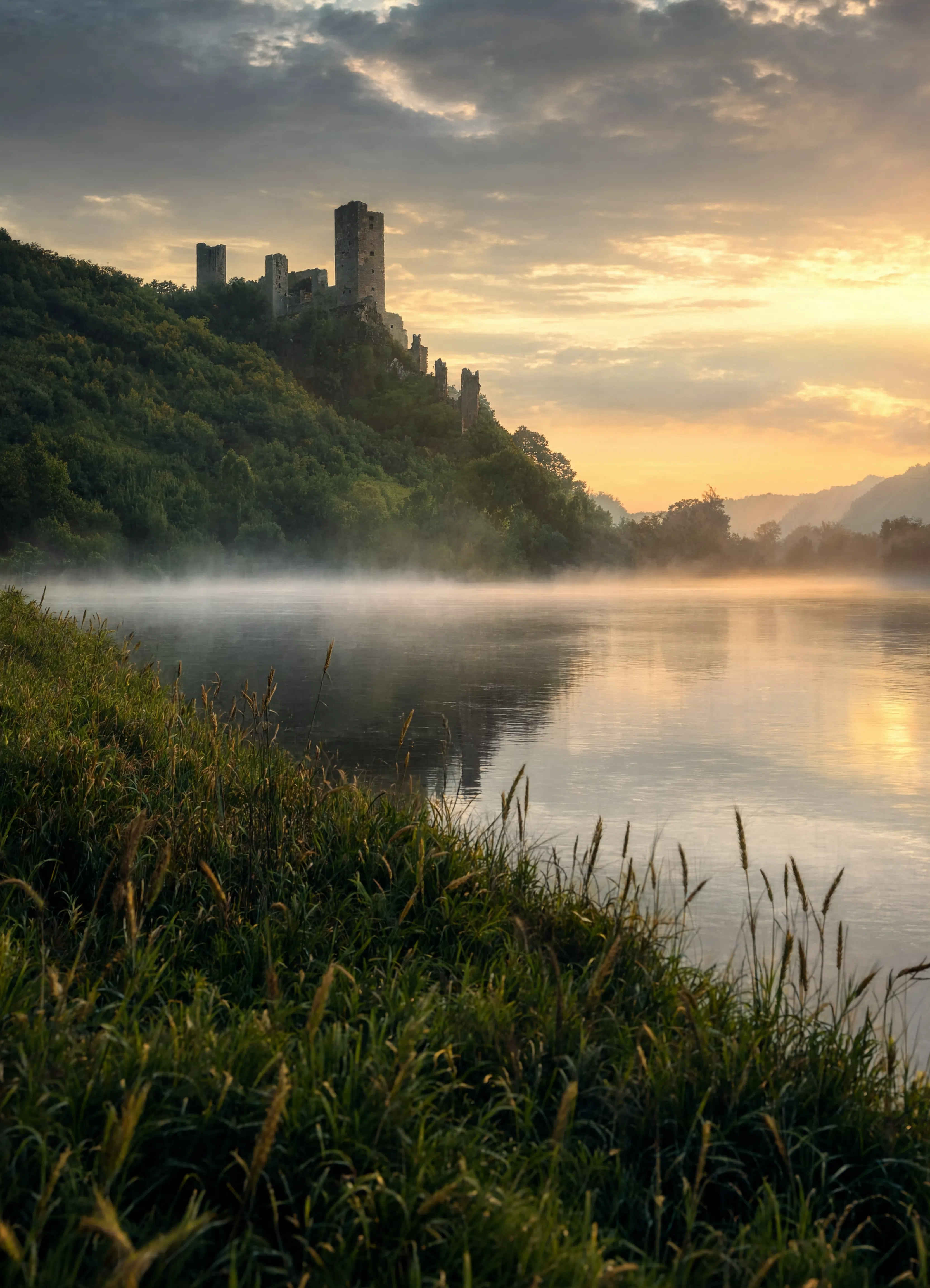 Stimmungsvolles Licht über dem Rhein mit historischen Burgen im Hintergrund — die Inspiration hinter Rheinweg