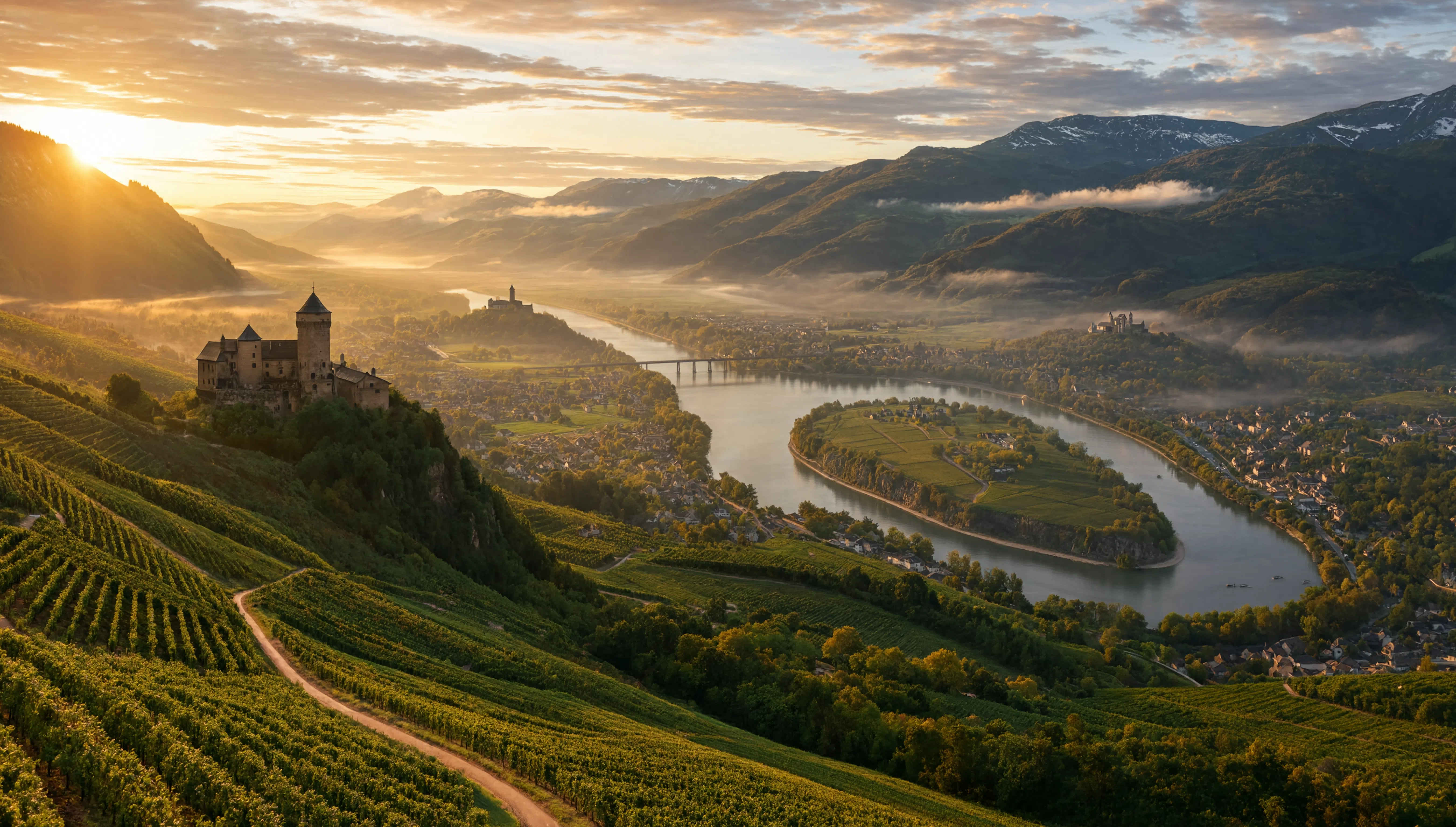 Panoramablick auf das Rheintal mit Burgen und Weinbergen