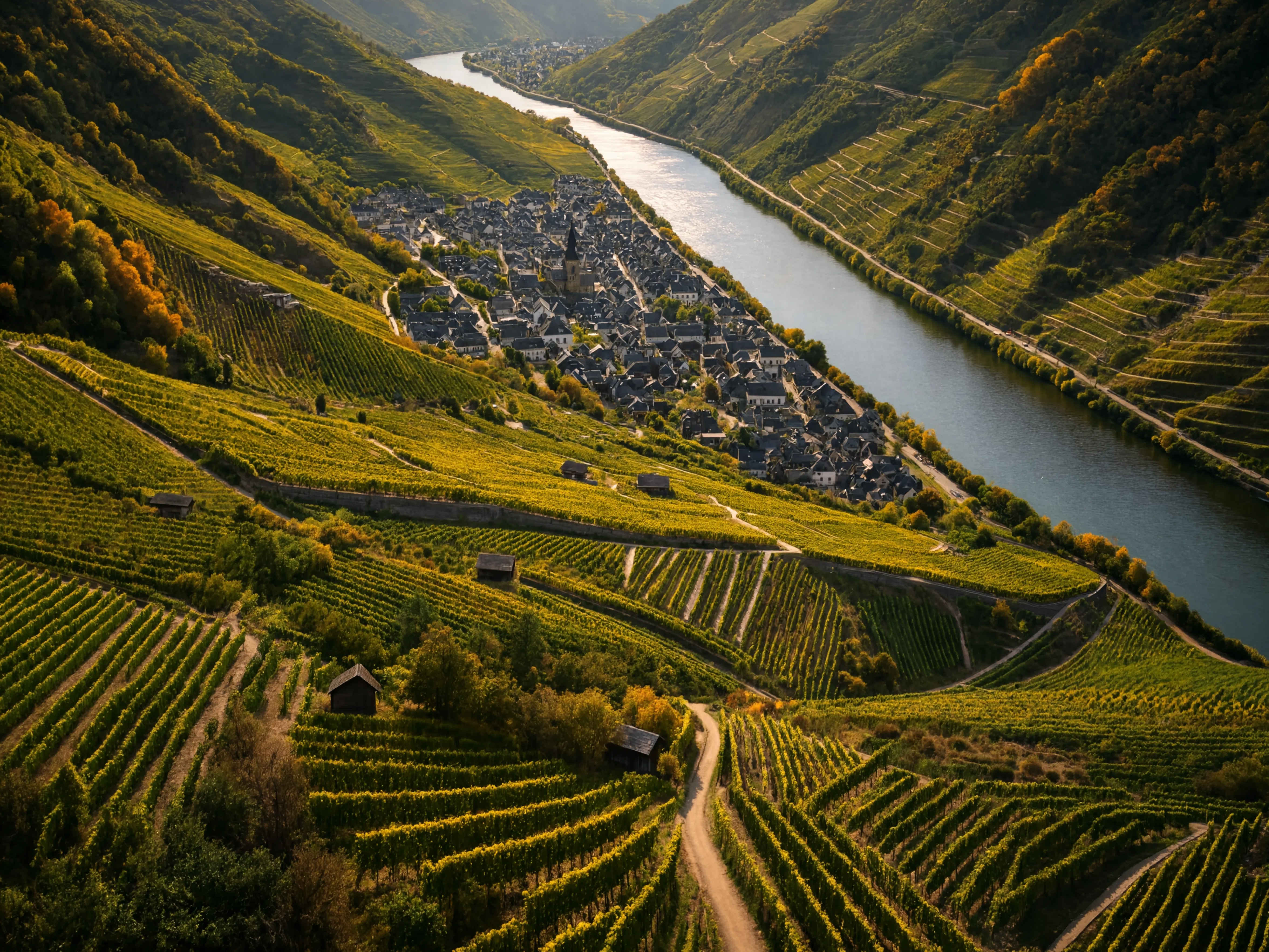 Steil abfallende Weinberge an der Mosel in der Abenddämmerung