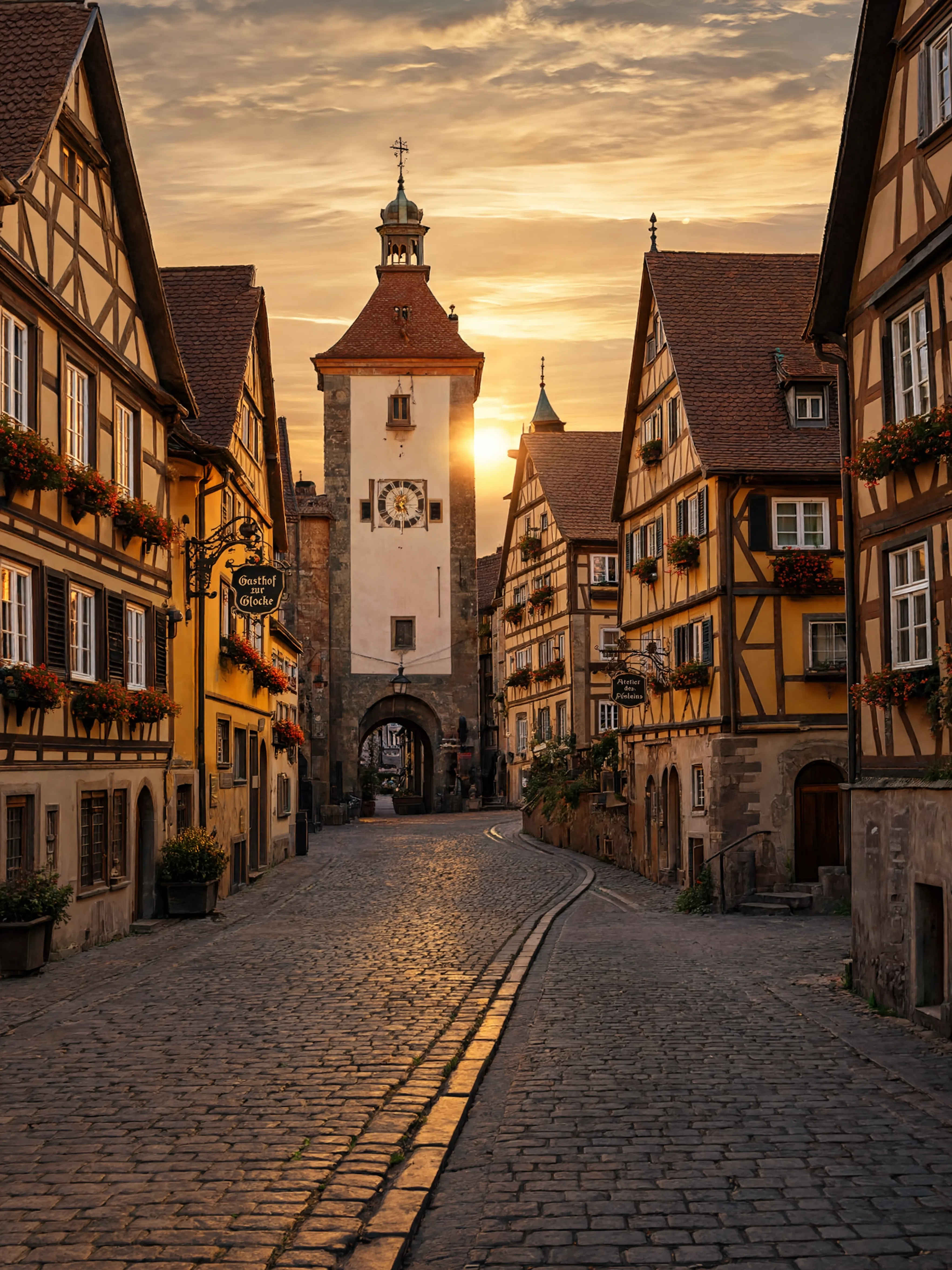 Blick auf die Altstadt von Rothenburg ob der Tauber bei Sonnenuntergang