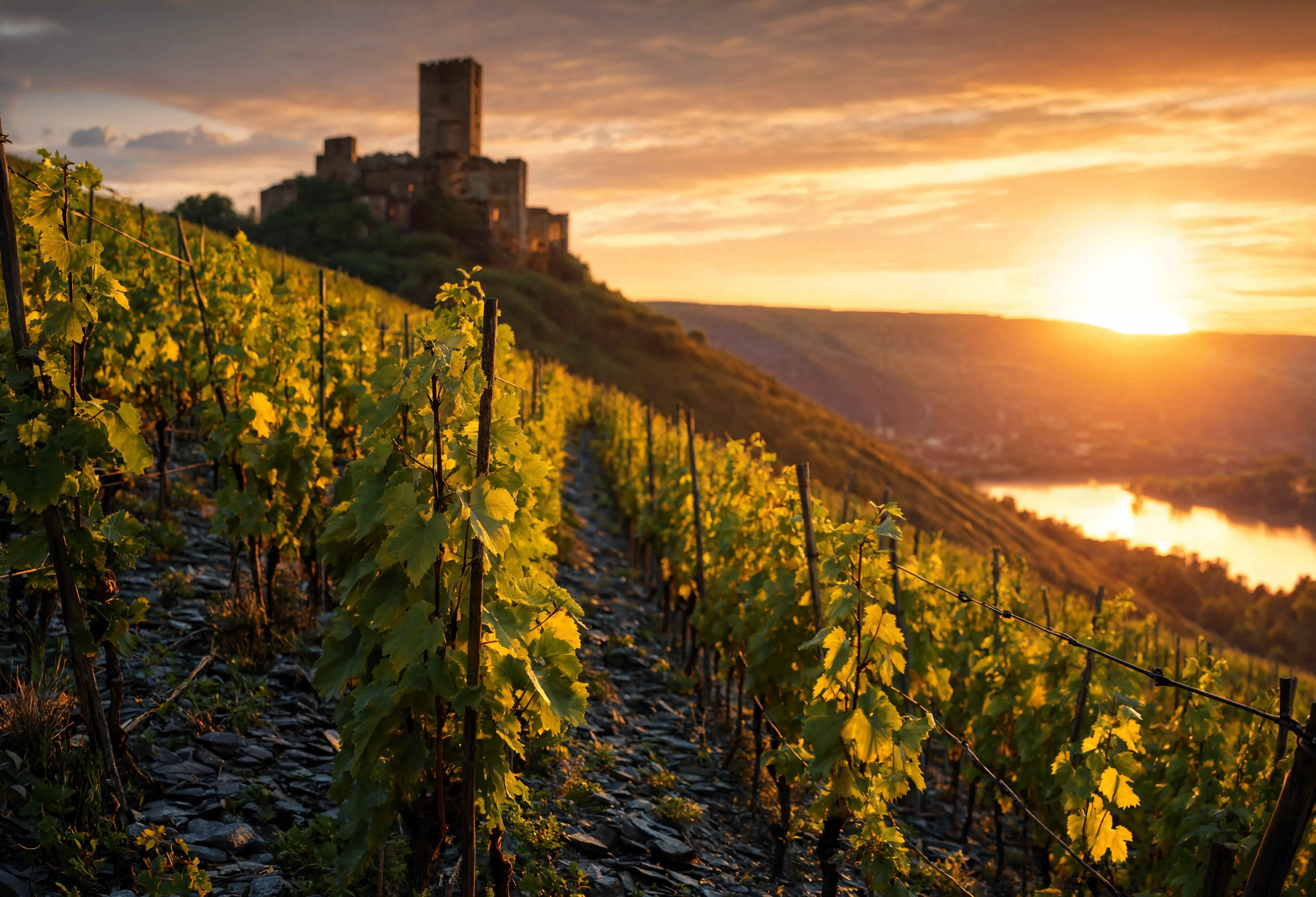 Goldene Abendstimmung über dem Rheintal mit Weinbergen und mittelalterlichen Burgen